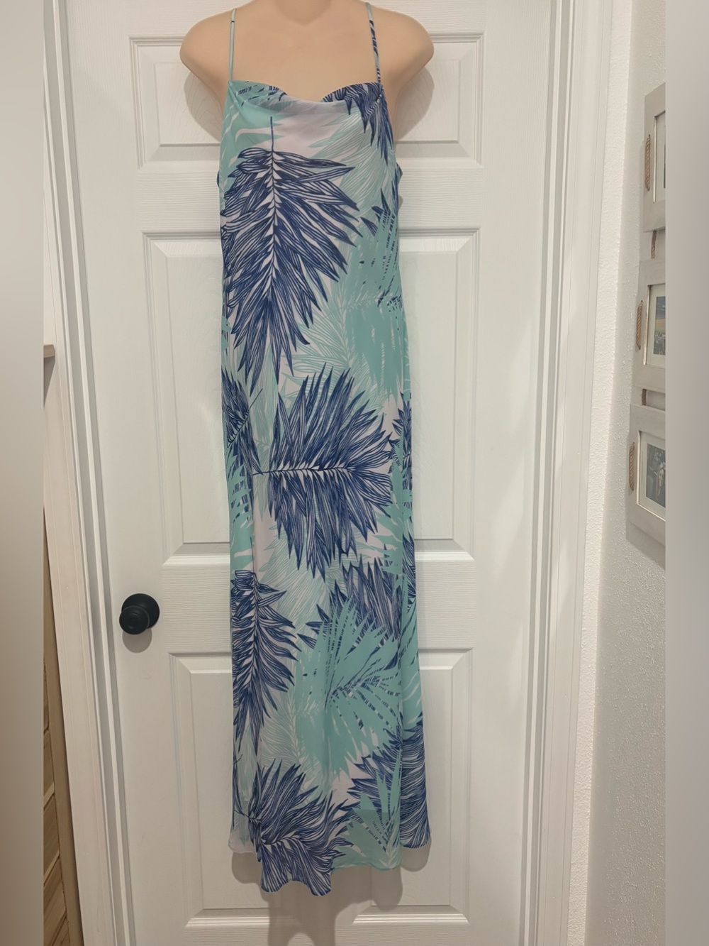Calvin Klein Mint and Navy Tropical Leaf Slip Dress